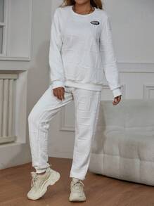 SHEIN Unity 休閒女士白色字母提花圓領長袖衛衣和寬鬆長褲2件套裝，適合春、秋、冬日常穿著。（另有親子裝，2件式分開售） - 白色 - 查看 3