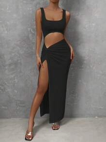 SHEIN x Marika Sila Chiquease 镂空扭纹前开衩大腿连衣裙 女式长款服装