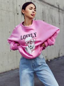 SHEIN Cottnline Dog & Letter Graphic Drop Shoulder Sweatshirt - Pink - View 3