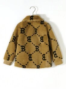 SHEIN Young Girl 1pc Letter Pattern Zip Up Teddy Jacket - Brown - View 2