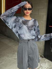 DAZY Tie Dye Drop Shoulder Mesh Top Without Bra Going Out Tops Sheer Long Sleeve Women Tops,Fall Women Clothes - Grey - View 4