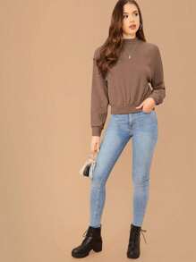 SHEIN Essnce Mock Neck Drop Shoulder Solid Pullover,Long Sleeve Tops In Fall/Winter - Mocha Brown - View 4