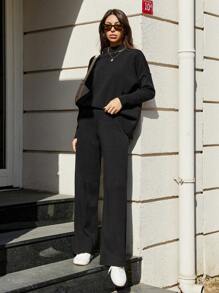 EURMUSE Drop Shoulder Sweater & Knit Pants - Black - View 4