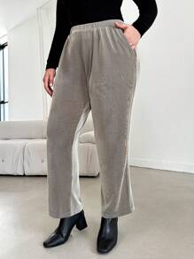 RueChic Plus Elastic Waist Slant Pocket Pants - Khaki - View 1