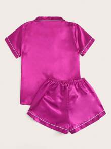 LuxeNights Neon Hot Pink Contrast Binding Satin Pajama Set