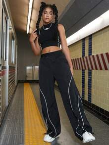 Hip Hop Contrast Piping Parachute Trousers - Black - View 6