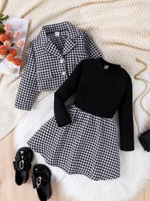 SHEIN Young Girl Houndstooth Print Dress & Jacket - Black - View 1