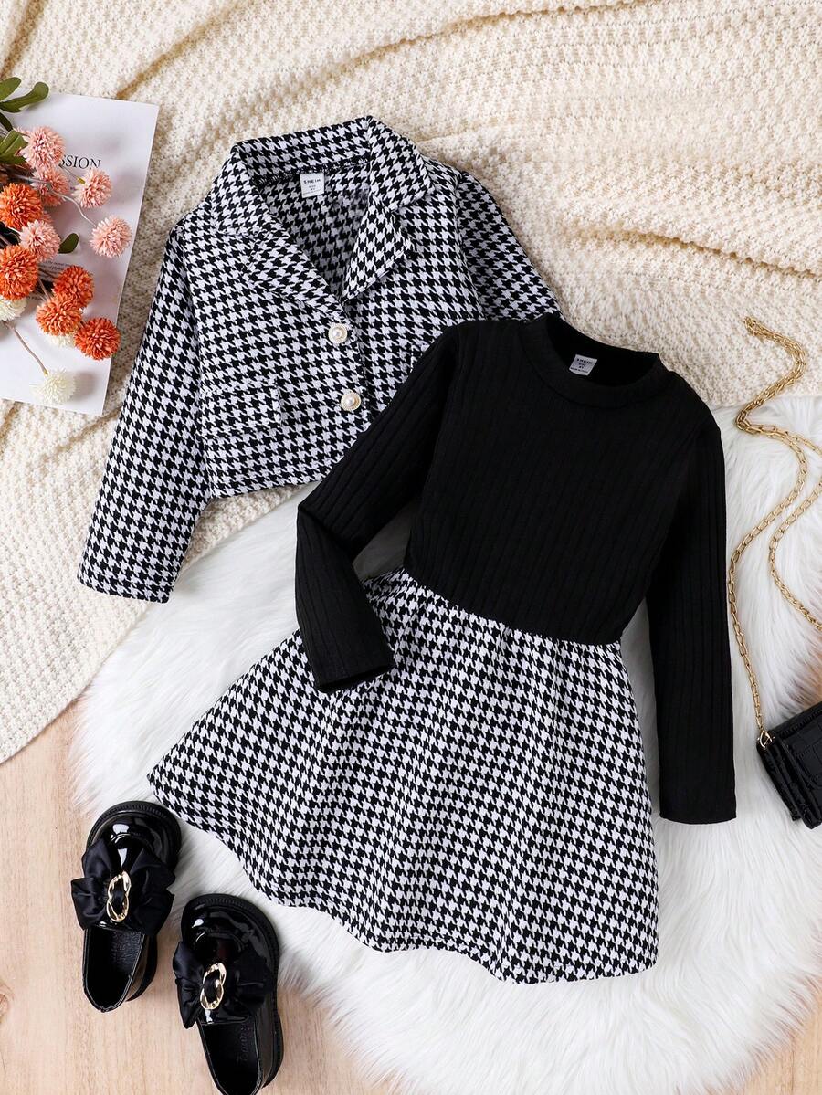 SHEIN Young Girl Houndstooth Print Dress & Jacket - Black - View 1