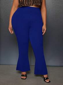 SHEIN CURVE+ Plus Flare Leg Pants - Blue - View 1