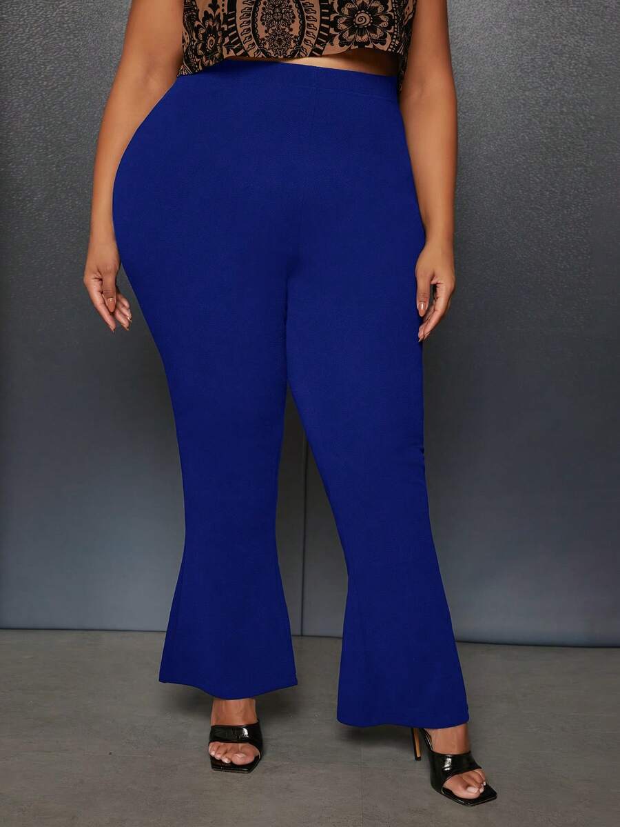 SHEIN CURVE+ Plus Flare Leg Pants - Blue - View 1