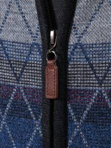 Manfinity Homme 男士幾何圖案撞色拉鏈開襟加絨內裏開襟衫 - 灰色 - 查看 4