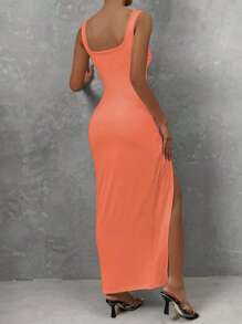 Femesol Cắt ra Mặt trước xoắn Tách đùi Đầm - Màu Hồng  San hô - Xem 3