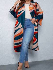 SHEIN LUNE 大碼滿版印花開門襟花呢外套 - 彩色 - 查看 3