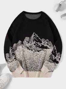 RueChic Men's Round Neck Sweater With Mountain Pattern - Apricot - View 1