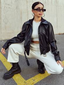 RueChic Zip Up Belted PU Leather Jacket - Black - View 4