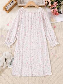 女大童碎花荷葉袖前蝴蝶結睡裙 - 淺粉色 - 查看 2