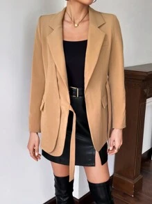 SHEIN Privé Lapel Neck Knot Side Wrap Blazer - Khaki - View 4