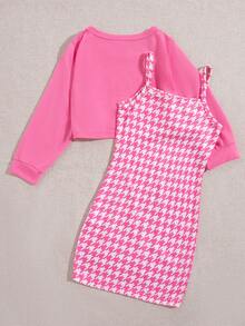 SHEIN Young Girl Houndstooth Print Cami Dress & High Low Hem Tee - Multicolor - View 2