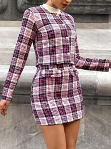 EURMUSE Plaid Print Crop Jacket & Skirt - Multicolor - View 4