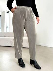 RueChic Plus Elastic Waist Slant Pocket Pants - Khaki - View 2