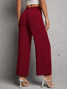 SHEIN PETITE Solid Knot Waist Wide Leg Pants - Burgundy - View 2