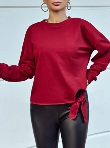 SHEIN Cottnline Solid Knot Hem Drop Shoulder Sweatshirt - Red - View 4