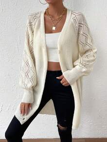 SHEIN Essnce Pointelle Knit Lantern Sleeve Button Front Cardigan - Beige - View 6
