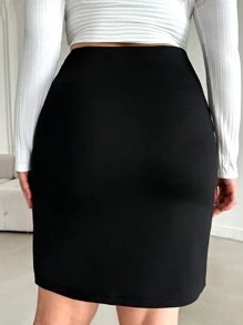 RueChic Plus Button Detail Bodycon Skirt - Black - View 2