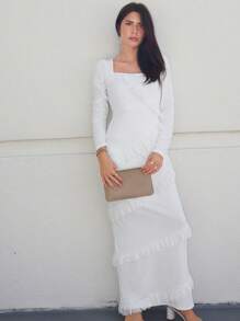 SHEIN Privé 方領流蘇邊緊身洋裝 - 白色 - 查看 6