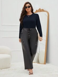 SHEIN Essnce Plus Solid Ribbed Knit Bodysuit - Navy Blue - View 5