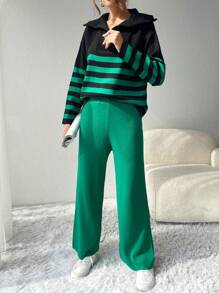 RueChic Jersey con patrón de rayas con cremallera cuarta con pantalones tejidos - Verde - Ver 4