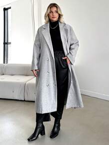 RueChic Plus Lapel Neck Double Breasted Overcoat - Light Grey - View 3