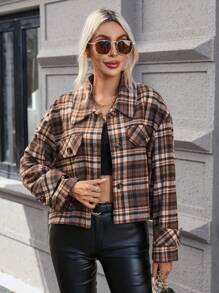 GENKIRA Plaid Print Drop Shoulder Flap Detail Crop Overcoat Fall Cloth For Women - Multicolor - View 5