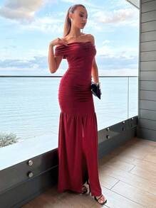RueChic Off Shoulder Ruched Split Thigh Formal Dress - Burgundy - View 3