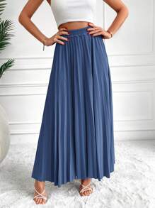 EURMUSE 素色百褶超長半身裙 - 藍色 - 查看 5