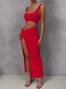 Chiquease 鏤空前扭結高衩連衣裙 - 紅色 - 查看 6