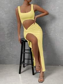 Chiquease Cut Out Twist Front Split Thigh Dress Maxi Women Outfit - Yellow - View 6