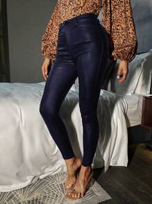 Apperloth A High Waist Solid Color PU Leather Leggings, Punk Music Festival - Navy Blue - View 6