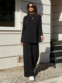 EURMUSE Drop Shoulder Sweater & Knit Pants - Black - View 5