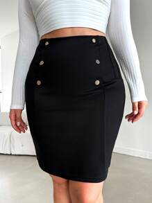 RueChic Plus Button Detail Bodycon Skirt - Black - View 1