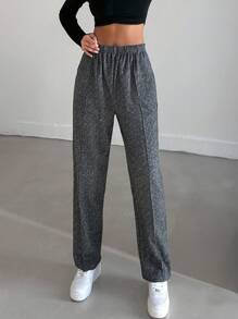 Chevron Print Elastic Waist Straight Leg Pants - Black - View 1