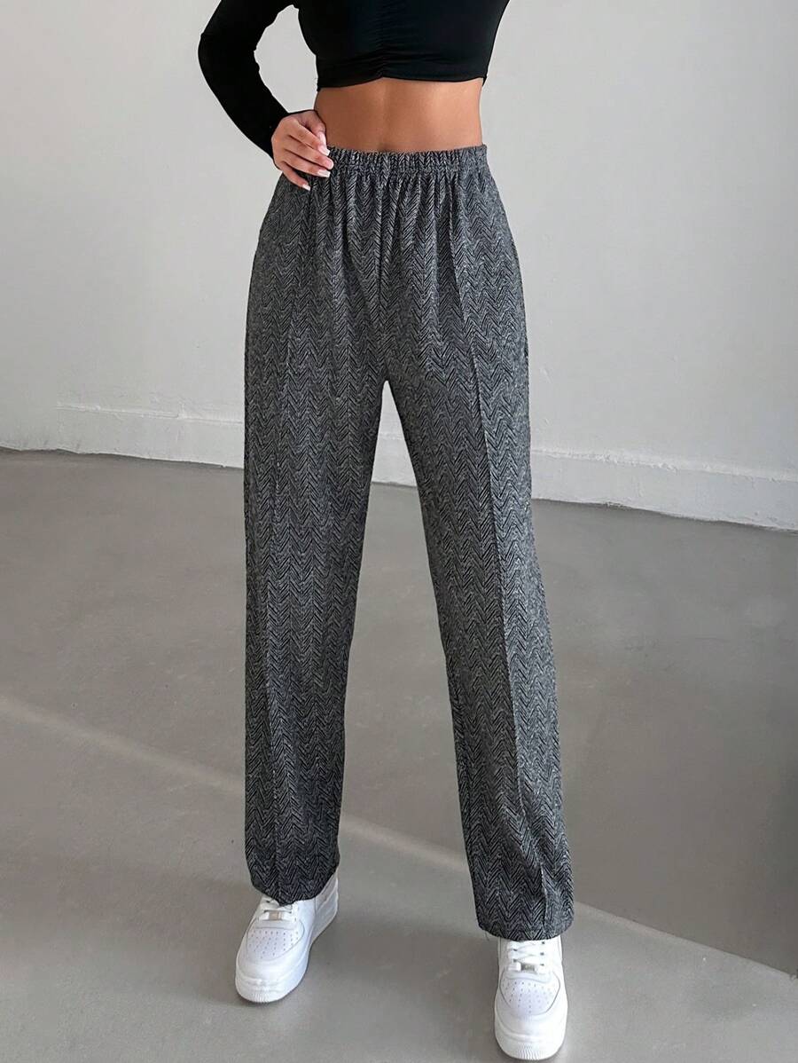 Chevron Print Elastic Waist Straight Leg Pants - Black - View 1