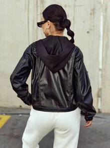 RueChic Zip Up Belted PU Leather Jacket - Black - View 2