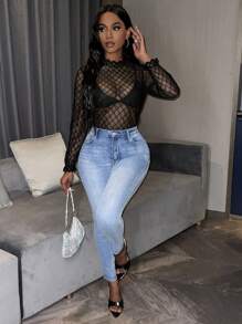 Zolique Mock Neck Flounce Sleeve Lace Blouse Without Bra - Black - View 5