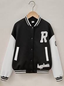 SHEIN Tween Girl Letter Graphic Two Tone Drop Shoulder Varsity Jacket Without Hoodie - Black and White - View 3