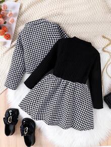 SHEIN Young Girl Houndstooth Print Dress & Jacket - Black - View 2