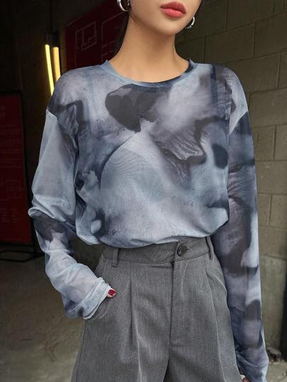 DAZY Tie Dye Drop Shoulder Mesh Top Without Bra Going Out Tops Sheer Long Sleeve Women Tops,Fall Women Clothes