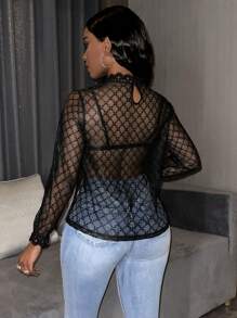 Zolique Mock Neck Flounce Sleeve Lace Blouse Without Bra - Black - View 2