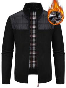 男士1入組拼接面拉鏈開襟加絨內裏開襟衫 - 灰色 - 查看 1