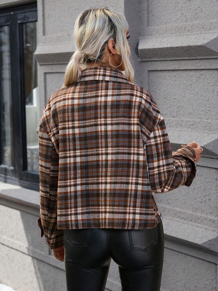 Plaid Print Drop Shoulder Flap Detail Crop Overcoat Fall Cloth For Women